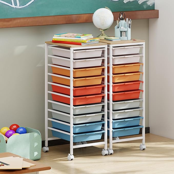 GOFLAME 10-Drawer Rolling Storage Cart, Craft Storage Cart with Wooden Tabletop and Lockable Wheels, Art Cart Supply Storage Organizer with Metal Frame for Home Office Classroom, Macaron Color