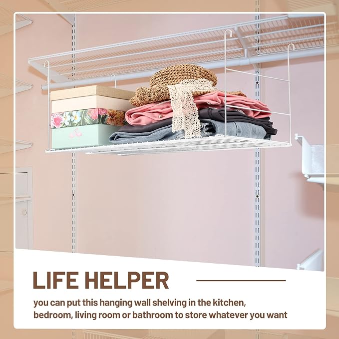 Amylove 4 Pieces 24 Inch Hanging Closet Shelves White Wire Hanging Shelf Universal Long Wire Shelf Basket Closet Organizers and Storage for Clothing Sweaters Shoes Handbags Clutches Accessories
