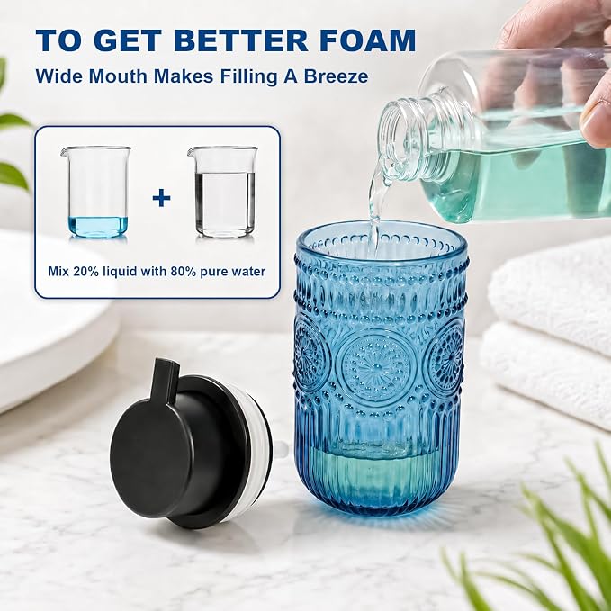 Glass Foaming Hand Soap Dispenser, 13.8 oz Kitchen Dish Soap Dispenser with Black Foam Pump,Blue Foam Soap Dispenser for Bathroom Decor