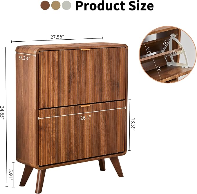 RARZOE Fluted Shoe Cabinet for Entryway, 27.5''Walnut | Narrow Curved Shoe Storage Cabinet with 2 Flip Drawers, Slim Shoe Rack Organizer for Foyer, Hallway, Fits Size 11 Shoes