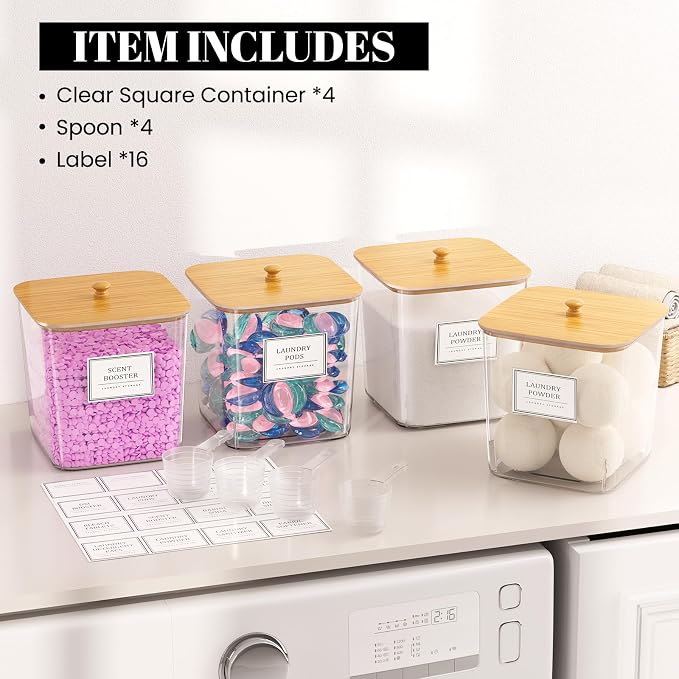 HomePekite 4 Pack Clear Laundry Pod Container, Laundry Room Organization Containers with Wooden Lids & Labels - Large Detergent Powder Storage for Room Organization, Scent Booster Holder