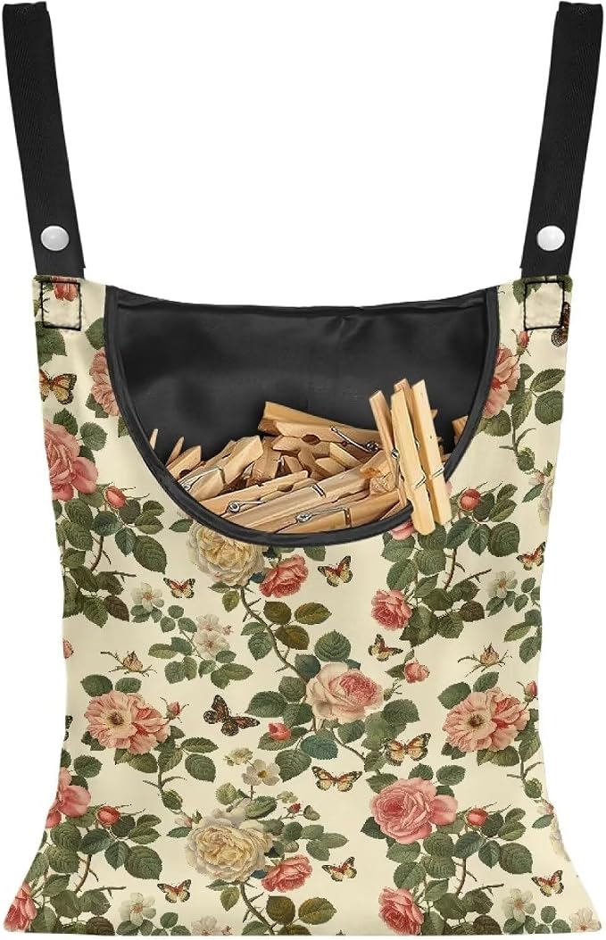 Art Flowers Clothespin Pouch Clothespin Bag with Hanging Hook Waterproof Clothes Pin Hanging Bag Space-Saving Clothespin Storage Organize Clothespin Bag for Clothesline Outdoor