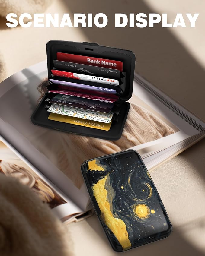 Maicican Credit Card Holder, Mini RFID Blocking Aluminum Wallet | Slim Metal Hard Case Travel Wallet ID Case for Women and Men, 4.3 x 2.9 Inches, Golden Starry Sky