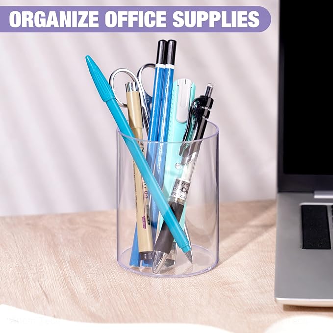 Stylish Clear Acrylic Desk Organizer Pen and Pencil Holders Set of 3, Round Makeup Brush Storage Perfect for Home, School and Office Supplies