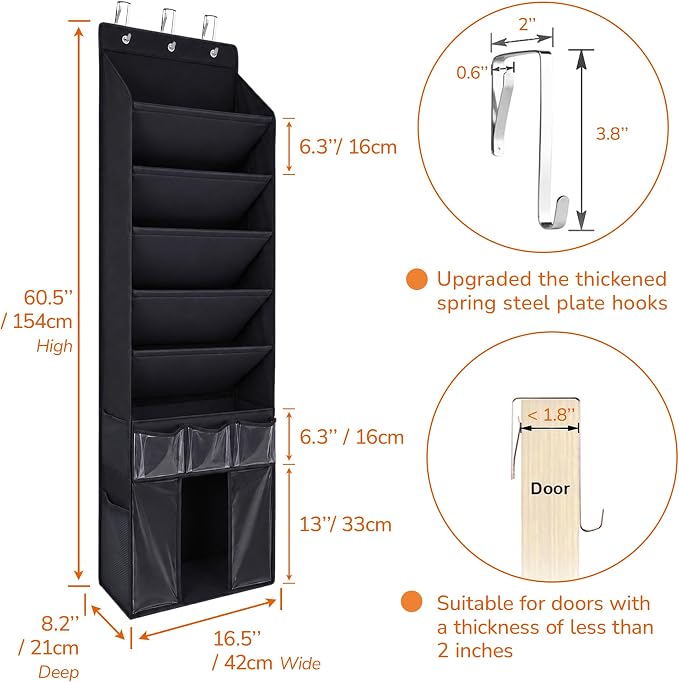 3in1 Over The Door Shoe Organizer with 5 Slanted Compartments,Removable Storage Bin & Transparent Pockets,Thickened Waterproof Oxford Fabric Shoes Rack for Shoes,Boots,Toys,Daily Essentials. (Black)