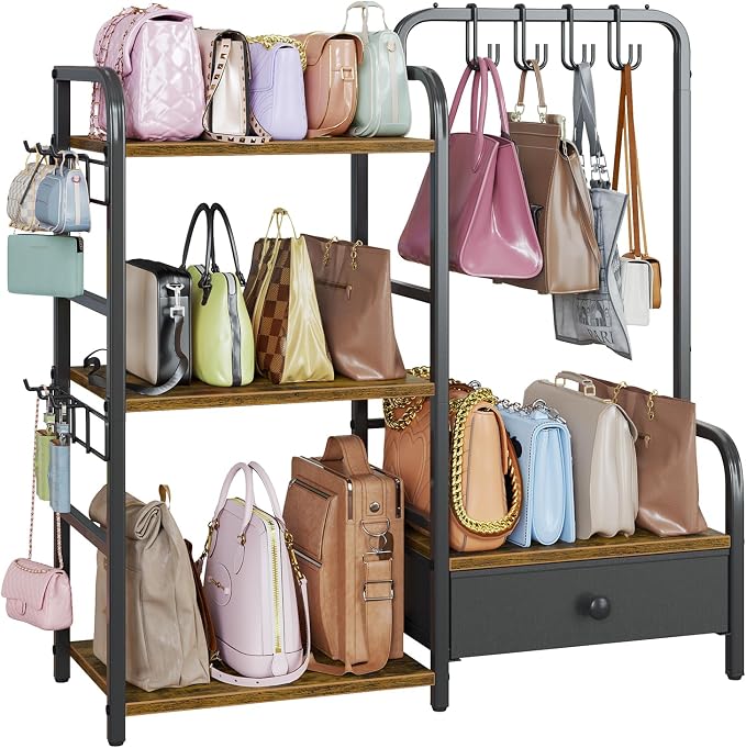 Purse Organizer for Closet, with Bottom Drawer, Extra Large Capacity 3 Tier Handbag Storage Rack for Women, 10 Purse Hanger and Hooks for Bag Organizer, Floor-Standing, Home, Living Room (Black)
