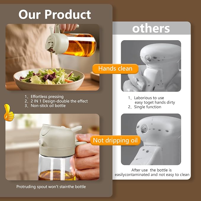 SWEET VIEW Oil Sprayer for Cooking 16oz/470ml | Glass Oil Dispenser/Pour Bottle, Kitchen Accessories, Kitchen Gadgets for Air Fryer, Salad, BBQ, with Stickers (White)