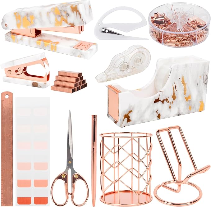 Office Desk Accessories Supplies - 14 Pcs Women Rose Gold Marble Desk Decor Set, Cute Aesthetic Office Essentials Kit, Stapler Tape Dispenser Pen Organizer, Acrylic Mini Teacher Stuff for School Home