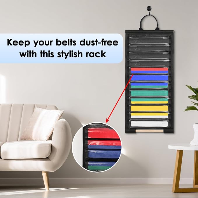 Wall Hanging Belts Display Rack for 12 Belts, Dust-Free Martial Arts Organizer with Bamboo Medal Hanging Bar, Lightweight Jiu Jitsu Belt Hanging Holder for BJJ, Martial Arts Learners