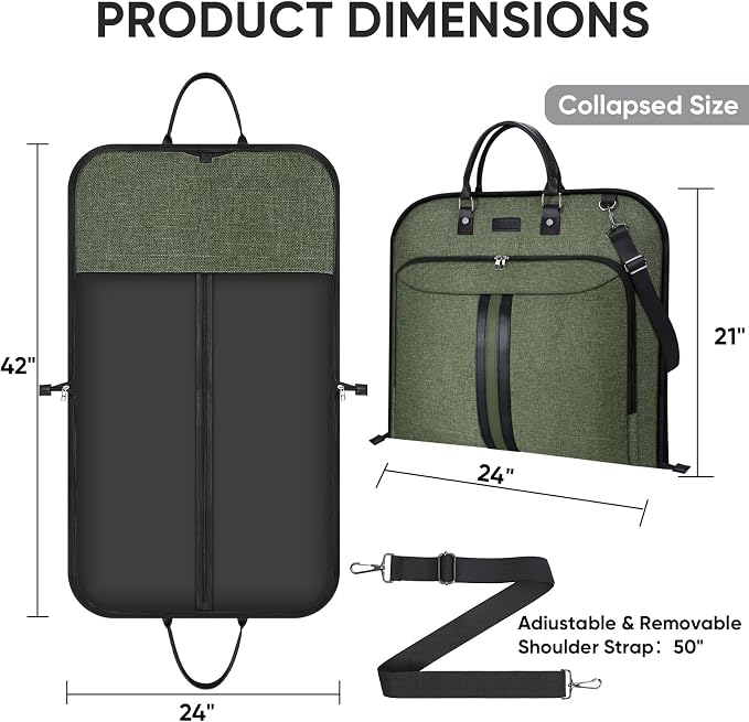 BALEINE Travel Garment Bag, Travel Suit Bag for Men, Water Resistant Carry on Garment Bag for Hanging Clothes, Garment Duffel Bag for Travel Business (Green, 42")