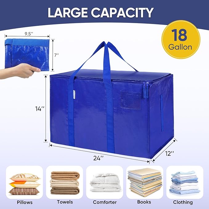 TICONN 12 Pack Extra Large Moving Bags with Zippers & Carrying Handles, Heavy-Duty Storage Tote Moving Boxes for Space Saving (12 PK, 18 Gallon)