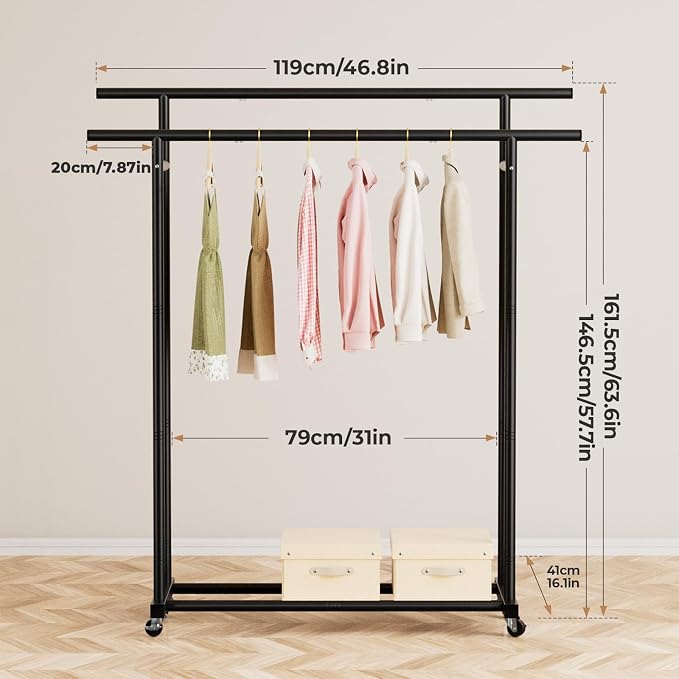 Abiglifty Double Rods Clothes Rack for Hanging Clothes, Clothing Rack with Wheels, Portable Closet Organizer for Laundry, Room (Black