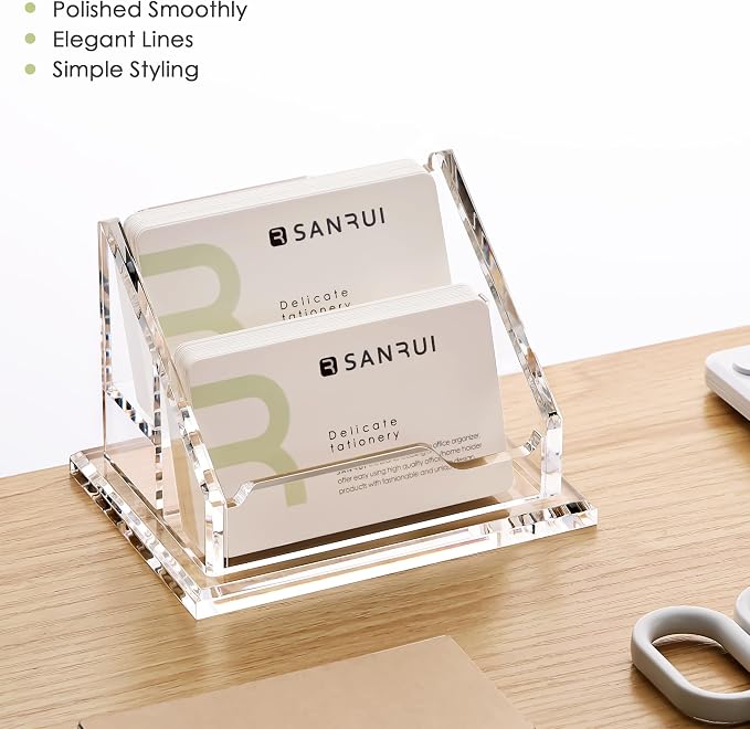 SANRUI Acrylic Business Card Holder, 2 Tier 2 Pocket Clear Business Card Stand ,Horizontal Business Card Display Stand for Exhibition, Home and Office