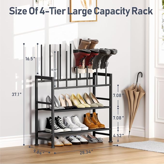 DIMJ Boot Rack 4-Tier - Black Metal Boot Storage Rack for Tall Boots Organizer Tall Boots, Multiuse Shoe Rack for Boots, Sneakers, High-Heel, Entryway, Fit for 6 Pairs, Black