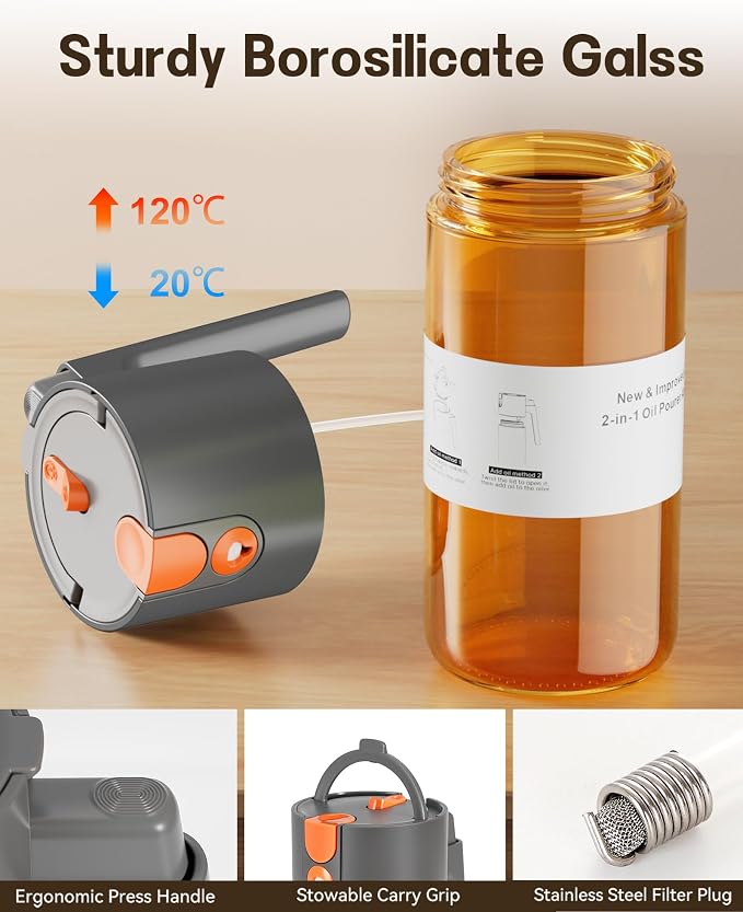 Olive Oil Sprayer & Dispenser Bottle for Cooking 17oz Dark Glass Oil Mister | 2-in-1 Sprayer & Pourer, Leakproof, Fine mist, Light-Blocking, Wide Mouth for Easy Refill & Clean, 8 Oil Labels, Reusable