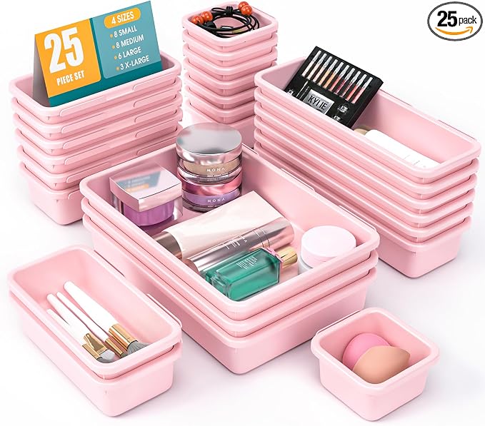 25 PCS Drawer Organizer Set, 4 Size Makeup Drawer Divider Organizer With Non-Slip Pads, Interlocking Plastic Storage Bins for Office,Jewelry Vanity,Gadgets, Bathroom,Kitchen, Pink