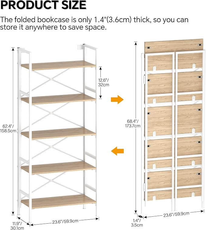 Homeiju Folding Bookshelf,5 Tier Bookcase Foldable Shelf with X-Bracket Design, Adjustable Feet, Space Saving Storage for Living Room, Office, Light Coffee