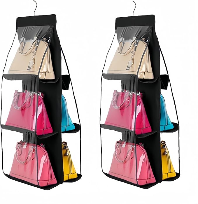 HAN SHENG 6 Pockets Clear Handbag & Purse Organizer Hanging Bag Storage - Space Saving Hanging Shelf for Closet, Wardrobe, Over Door (2 Pack, Black)