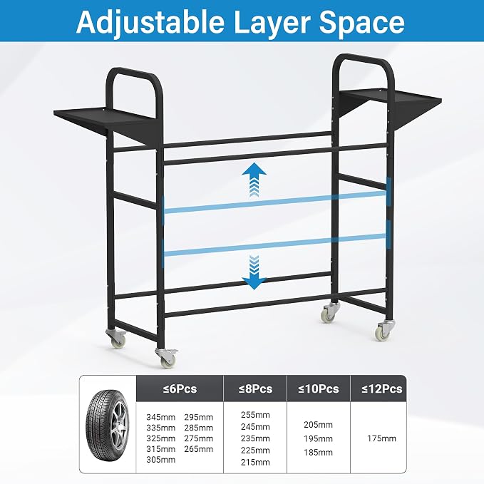 Tire Storage Rack 44" x 44" x 18" with Anti-Dust Cover | Rolling Adjustable Black Alloy Steel Tire Rack for Garage with 4 Swivel Casters & 2 Storage Shelves