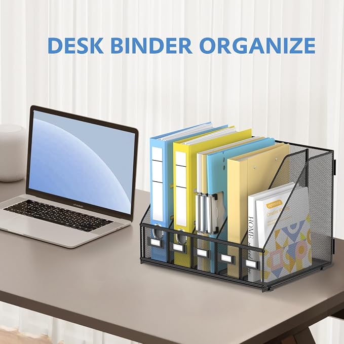 5 Vertical Compartments Magazine File Holder, Metal Binder Organizer, Black | Space-Saving Desktop Storage, Built-In Label Holders, Anti-Slip Feet, Sized for Binders, Folders, Magazines and Files