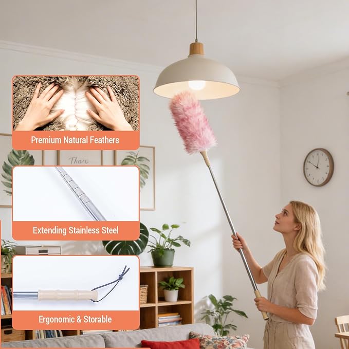 Lambswool Duster Extendable 22–55 Inch Natural Wool Duster with Flexible Head for Ceilings Furniture Blinds Electronics Washable Reusable-Red