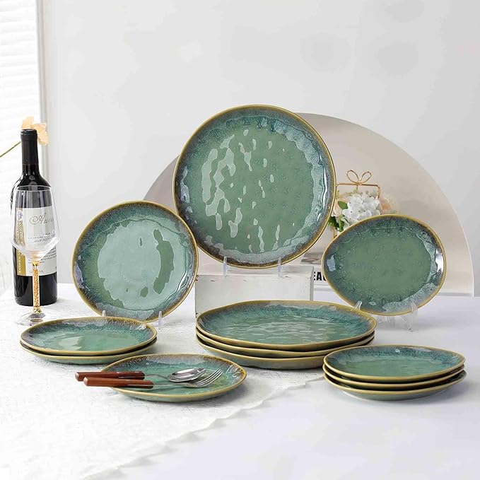 Henten Home Ceramic Dessert Plates, 8.5 Inch Salad Plate Set of 4, Porcelain Snack Serving Dishes for Cake, Kitchen, Microwave & Dishwasher Safe, Reactive Glaze (Green)