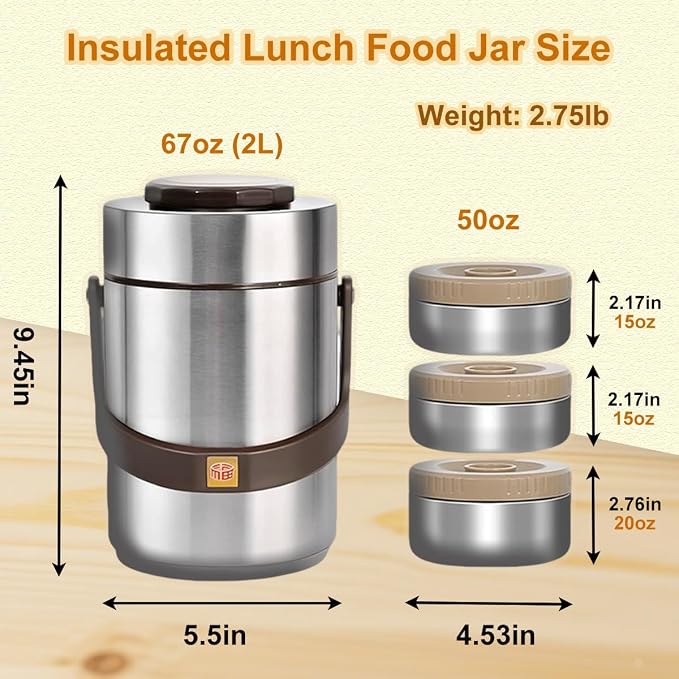 67oz Vacuum Insulated Food Container Set with 3 Stackable Compartments | Adults Thermal Lunch Box, Leak-Proof Stainless Steel Wide Mouth Thermal Food Jar for Hot Food, Office & Outdoor