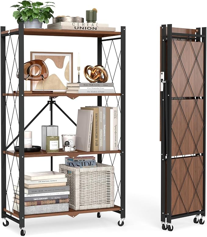 black leopard 4-Tier Foldable Shelf with Wheels, Wood-Grain Steel Shelves | Pre-assembled frame unfolds in seconds with tool-free wheel setup for fast, convenient use