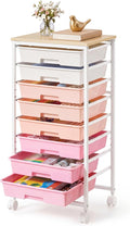VASAGLE 8-Drawer Rolling Storage Cart, Utility Cart with Wheels and Wood Top, Craft Organizer for Office and Home, 15.6 x 11.2 x 30.1 inch, Pink and White, BENCO Collection ULRC006S101