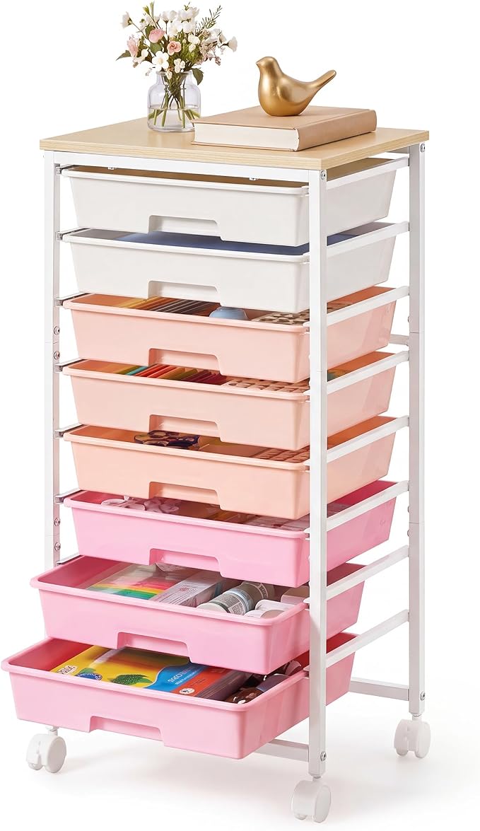 VASAGLE 8-Drawer Rolling Storage Cart, Utility Cart with Wheels and Wood Top, Craft Organizer for Office and Home, 15.6 x 11.2 x 30.1 inch, Pink and White, BENCO Collection ULRC006S101