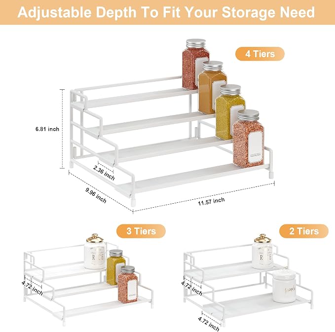 RUILALIFE 4-Tier-Spice-Rack-Organizer-for-Cabinet, Adjustable Depth Spice Holder Shelf For Countertop Pantry Cupboard, Metal Tiered Seasoning Organizer,Display Shelf Riser (White-2 Pack)