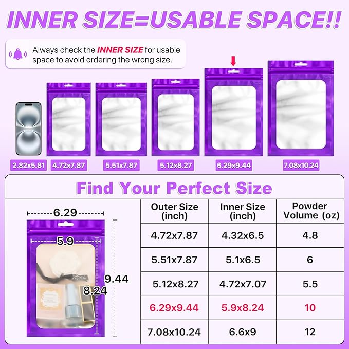 100 PCS Resealable Mylar Bags with Zip and Frosted Clear Window Smell Proof Packaging Bags Foil Pouch Zipper Bag for Food Self Sealing Storage Supplies (Purple, 6.29x9.44)