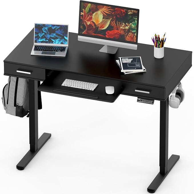 SHW 48-Inch Electric Height Adjustable Desk w/Keyboard Tray, Black | w/ 2 Drawers | Memory Presets and Cable Management | Hanging Hooks