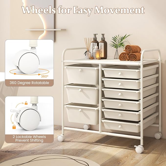 RELAX4LIFE 9 Drawer Rolling Storage Cart - Mobile Drawer Carts for Craft Art Supply Paper Salon, Utility Cart on Wheels for Classroom Teacher School Office, Rolling Cart with Drawers (Ivory White)