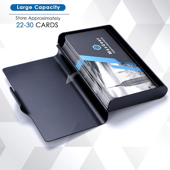 MaxGear Aluminum Business Card Holder Black | Slim Portable Metal Business Card Case Wallet Name Cards Holder, Lightweight Professional Card Holder for 22-30 Cards