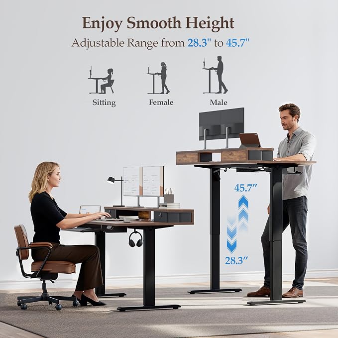 Klicelor 48 x 24 Inch Electric Standing Desk with Drawers and Keyboardtray, Adjustable Height Small Sit Stand Desk for Home Office, Compact Computer Workstation with Storage- Rustic Brown