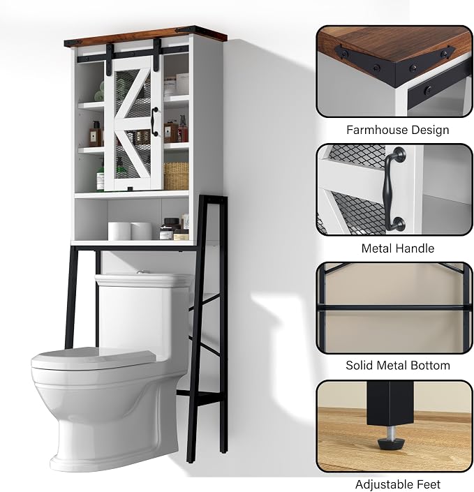 kepptory Over The Toilet Storage Cabinet, Above Toilet Storage Cabinet with Adjustable Shelves and Barn Door, Farmhouse Behind Toilet Bathroom Organizer for Bathroom, Laundry Room, Off-White