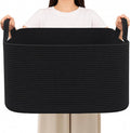 96L Extra Large Black Cotton Rope Laundry Basket with Sturdy Handle | 24x16x15 Foldable Rectangular Blanket Basket for Toys, Clothes & Pillows,Ideal for Nursery, Bathroom, Bedroom, Living Room