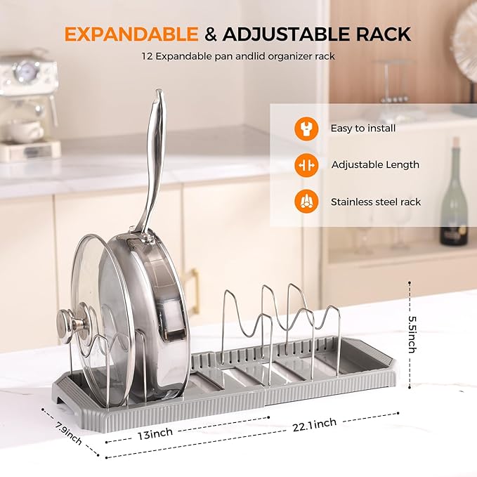 Adjustable Pot Lid Organizer, 9 Compartment Cabinet Storage for Pans, Grey | Width adjusts 12 to 20 in, holds pots pans lids cutting boards, wire dividers, non-slip feet, space-saving for kitchen