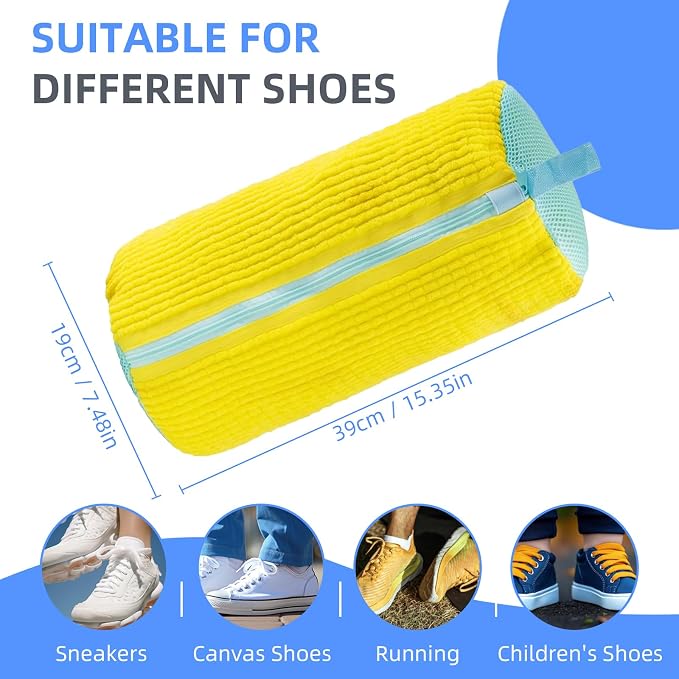 Shoe Washing Bag for Washing Machine,Fluffy Fibers Keep 360° Wrap-around Cleaning,2PCS Laundry Shoe Bag for Washer and Dryer,Invisible Zipper Side Opening Reusable Shoe Washing Bag for All Shoes