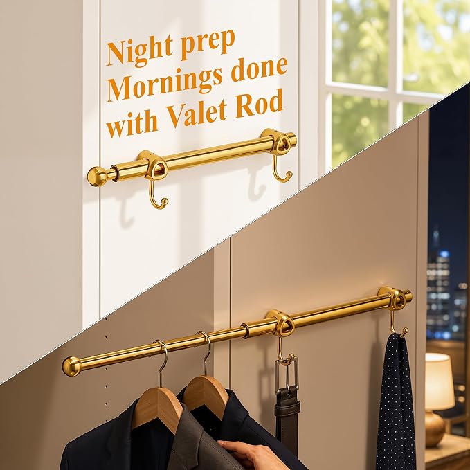12" Valet Rod for Closets Pull Out, Closet Valet Rod Slide Out with 2 Hooks, Brushed Gold