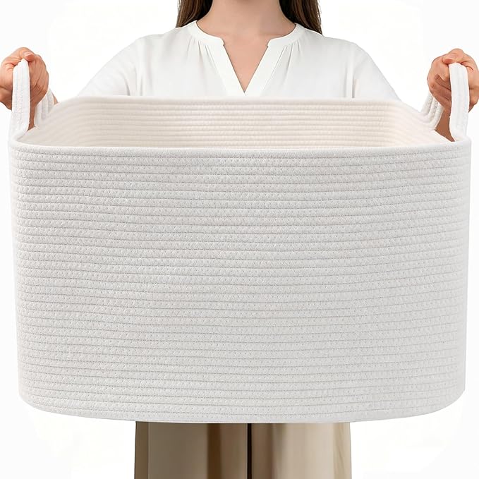 65L Collapsible Woven Rope Laundry Basket with Handles, White | 21x16x12 Foldable Rectangular Blanket Basket for Toys, Clothes & Pillows,Ideal for Nursery, Bathroom, Bedroom, Living Room