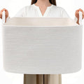 65L Collapsible Woven Rope Laundry Basket with Handles, White | 21x16x12 Foldable Rectangular Blanket Basket for Toys, Clothes & Pillows,Ideal for Nursery, Bathroom, Bedroom, Living Room