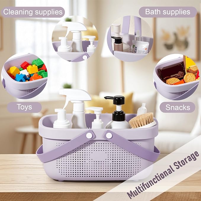 JiatuA Plastic Storage Basket with Handle Portable Shower Caddy Tote Organizer Basket Bin for Bathroom Kitchen Dorm Room Bedroom, ‌Purple