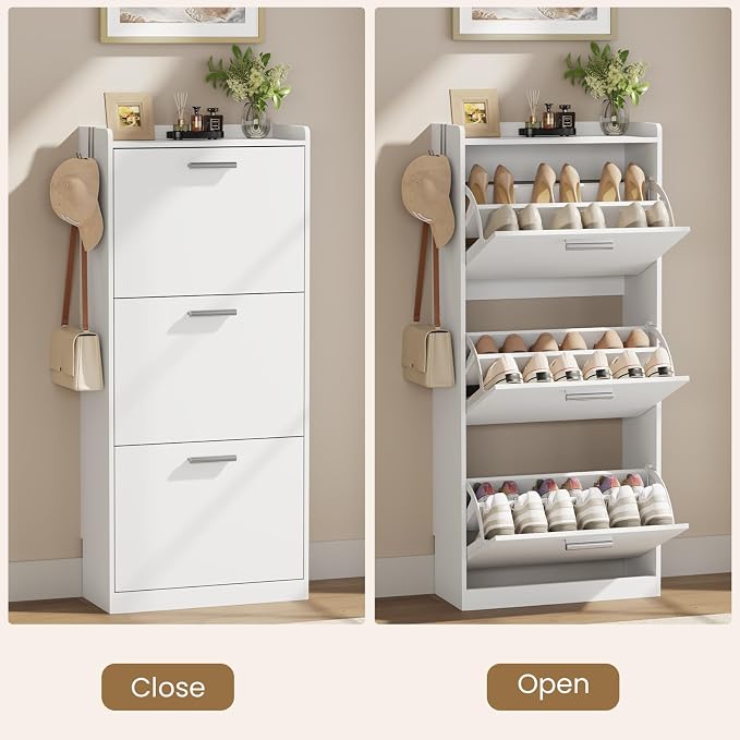 Shoe Cabinet Organizer with 2 Flip Drawers，Freestanding Shoe Rack Cabinet，Narrow Shoe Cabinet Storage for entryway，Foyer, Hallway, White UM2SC423W