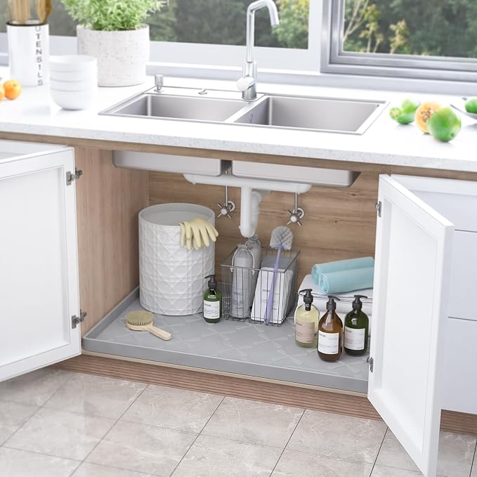 SIKADEER Under Sink Mat for Kitchen and Bathroom, Waterproof Cabinet Liner with Raised Edges for Leak Protection, Ideal for Shelves, Boot Tray, Kitchen Organizer and Storage 25" x 22" white