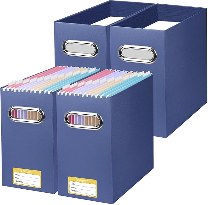 BALEINE File Organizer Box, Cardboard File Folder Organizer with Handle for Letter Size, Portable Collapsible Hanging Filing Box for Home Office Document Storage (4 Pack, Navy)