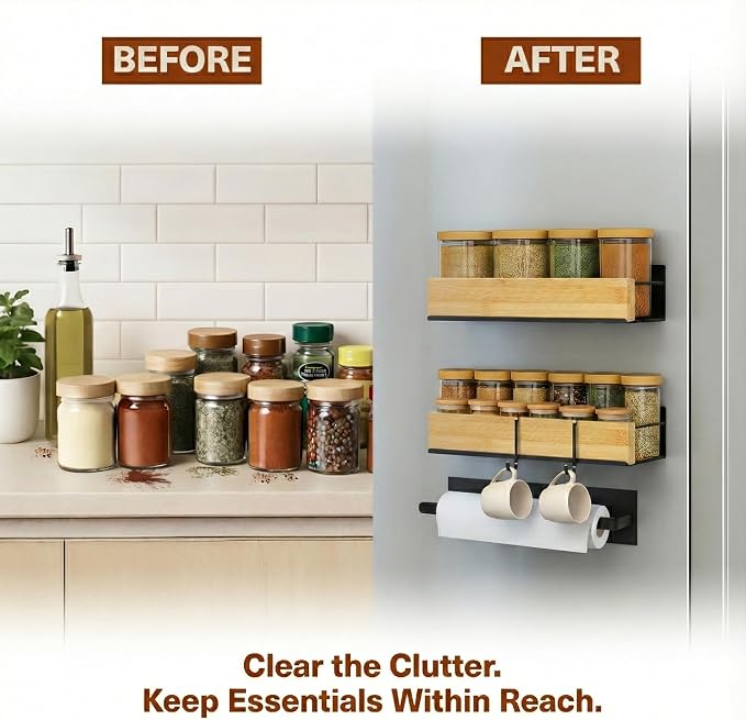 2 Pack Magnetic Spice Rack for Refrigerator – Strong Magnetic Shelf for Fridge, Large Spice Organizers, Paper Towel Holder & 8 Hooks – Kitchen Storage by Home Haven.