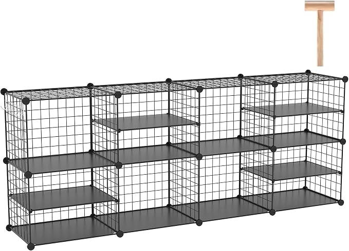 C&AHOME Wire Cube Storage Unit, Interlocking Metal Wire with Divider, Black | Modular Cabinet with Plastic Panels Bookshelf Stackable Closet Organizer with Small Hooks