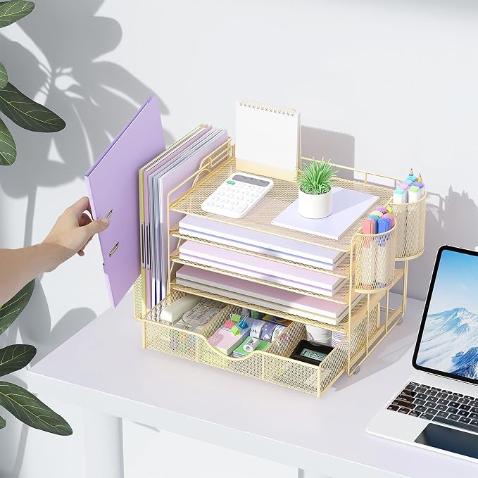 gianotter 5-Tier Desk Organizer with Drawers, File Holders, Letter Trays and Pen Holders - Workspace Accessories for Office Supplies (Gold)
